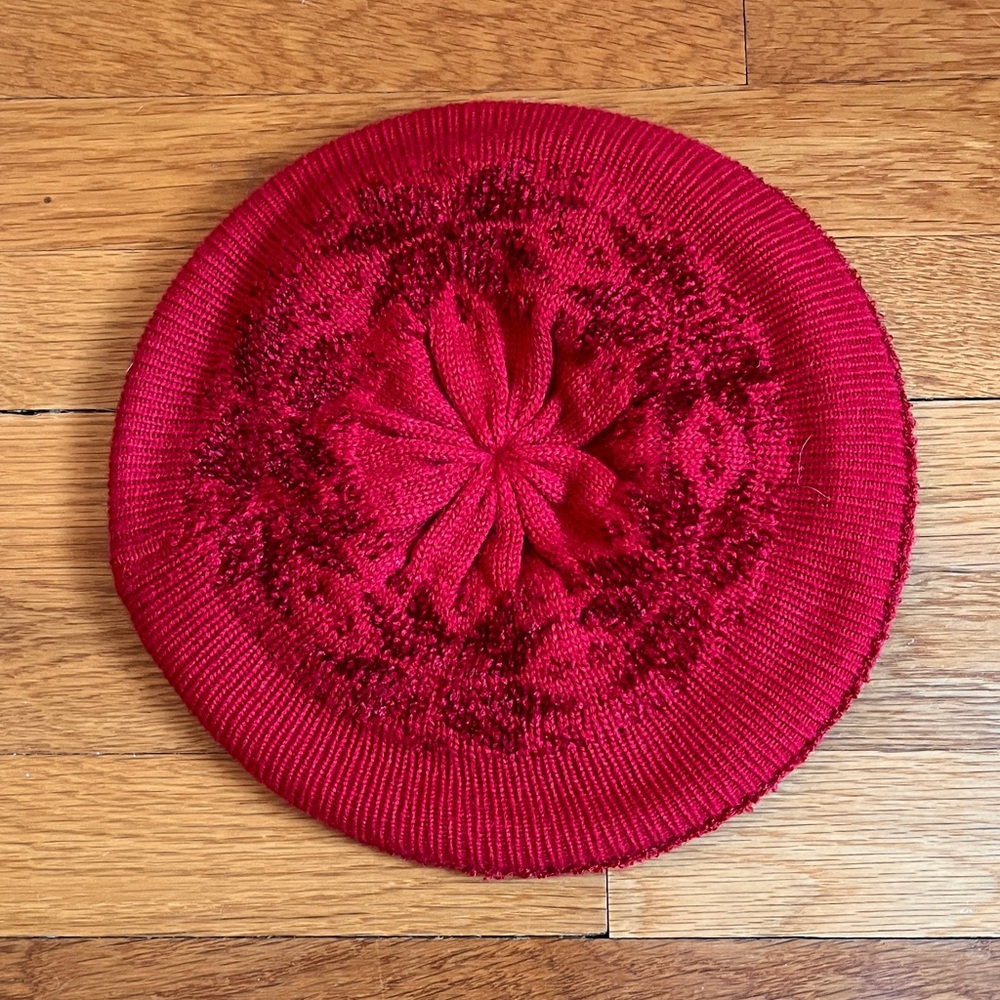 Red Knit Beret with Floral/Snowflake Design